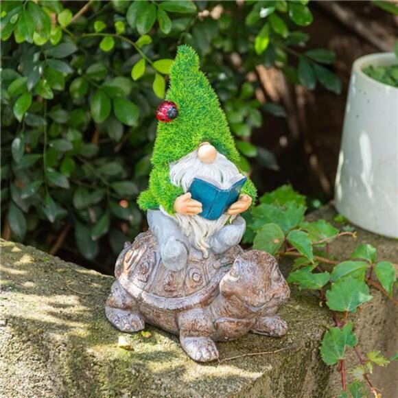 Garden Gnome Sitting on Turtle Outdoor Statues and Sculpture with Solar Lights - Picture 5 of 7
